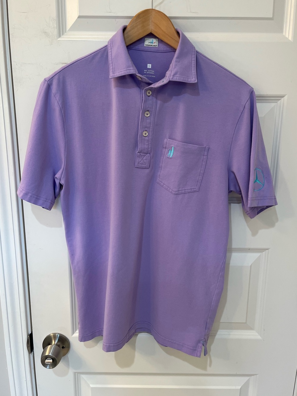 Johnnie-O Hangin' Out‎ Polo Shirt Small Purple Mercedes-Benz Logo 4-Button Posh